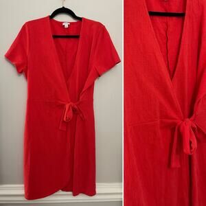 Red J.Crew Preppy Minimalist Summer Cotton Tie Waist Wrap Dress Large